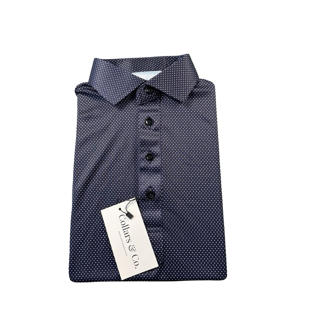 Collars & Co. Ink Blue White Dot AOP Dress Collar Polo Shirt Size S NWT